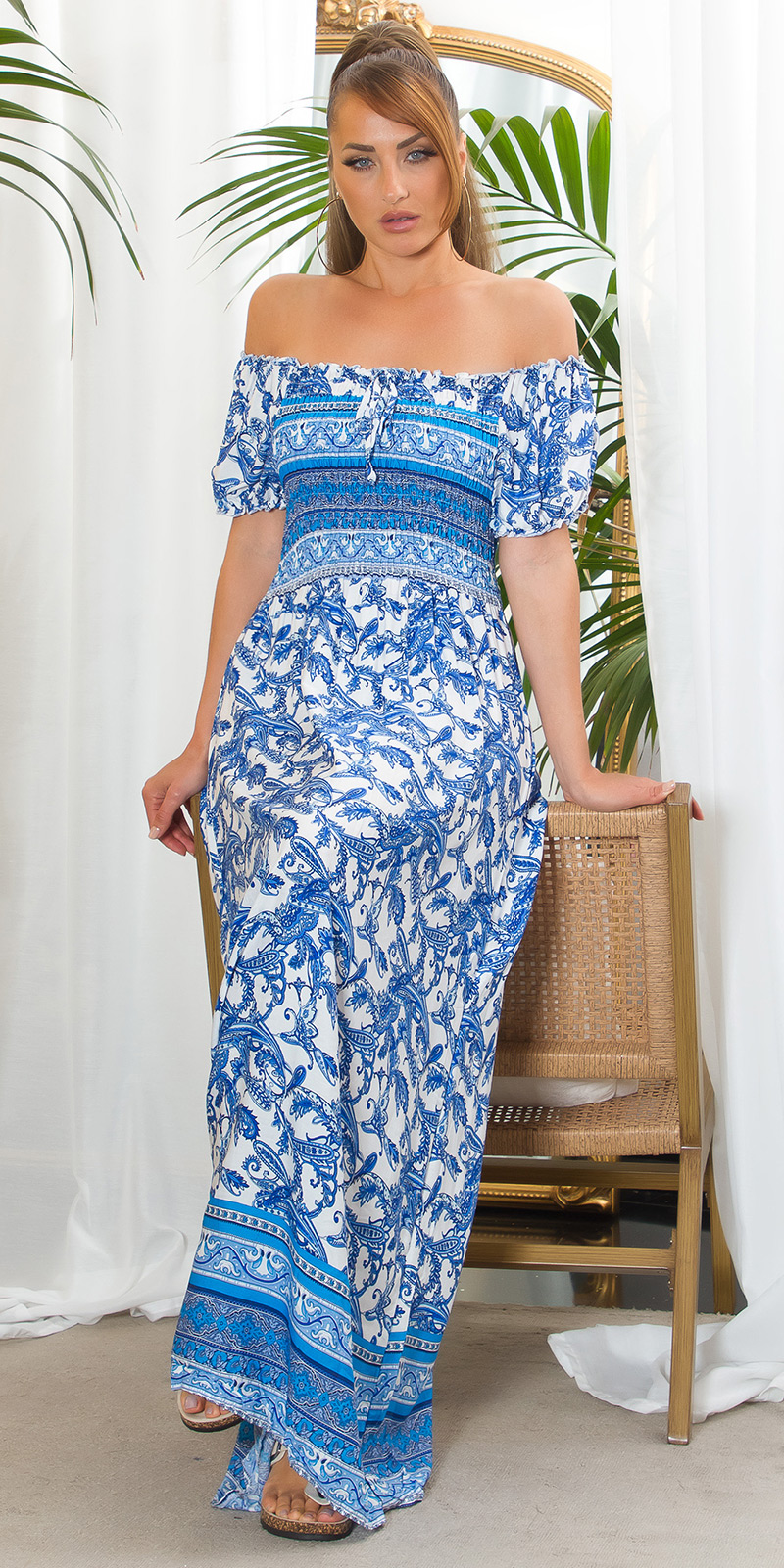 Off Shoulder Carmen Maxikleid Bodenlang Sommer Off Shoulder Kleid mit Fantasy Ornament Paisley Muster Print