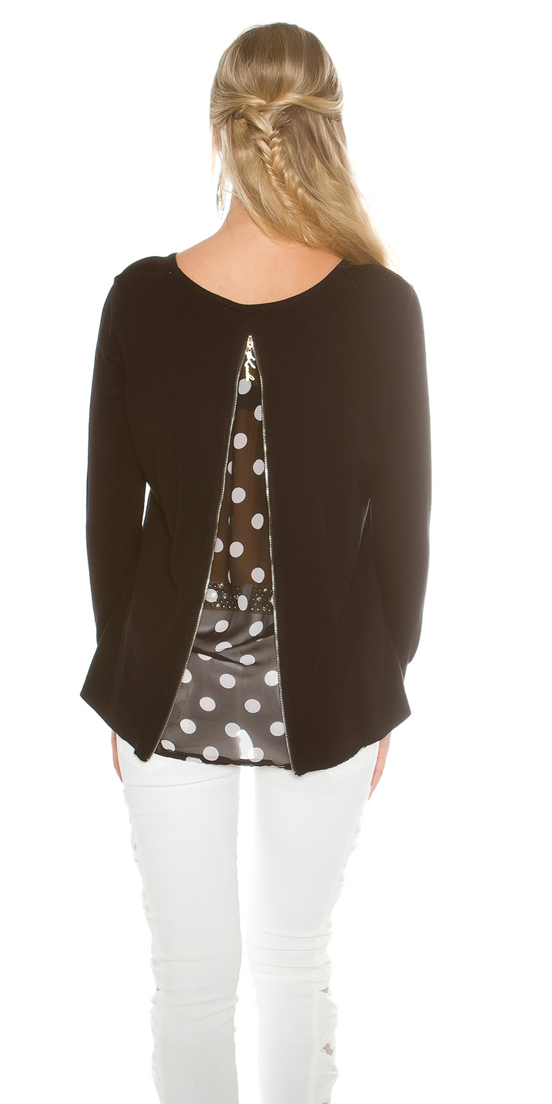 Trendy KouCla Feinstrickpullover + Polka Dot Chiffon, Stylischer KouCla Feinstrickpullover mit Polka Dot Chiffon - Perfe