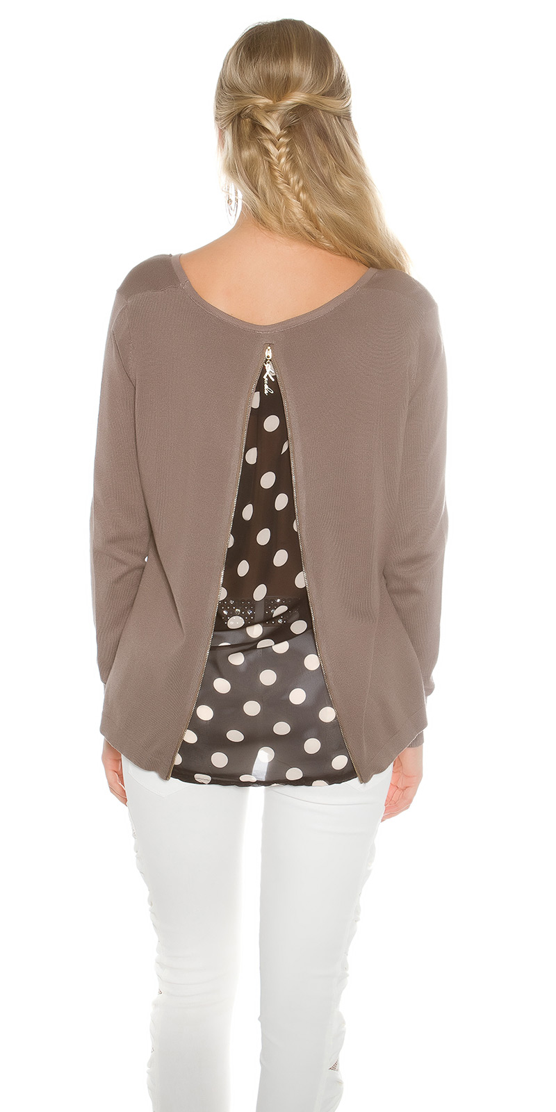 Trendy KouCla Feinstrickpullover + Polka Dot Chiffon, Stylischer KouCla Feinstrickpullover mit Polka Dot Chiffon - Perfe