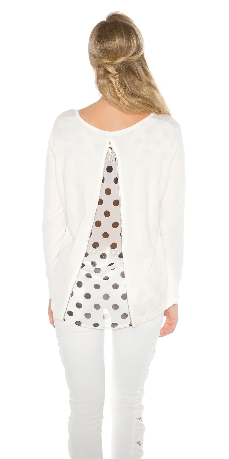 Trendy KouCla Feinstrickpullover + Polka Dot Chiffon, Stylischer KouCla Feinstrickpullover mit Polka Dot Chiffon - Perfe