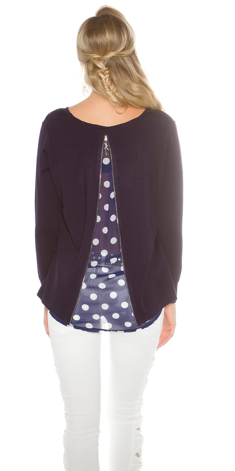 Trendy KouCla Feinstrickpullover + Polka Dot Chiffon, Stylischer KouCla Feinstrickpullover mit Polka Dot Chiffon - Perfe