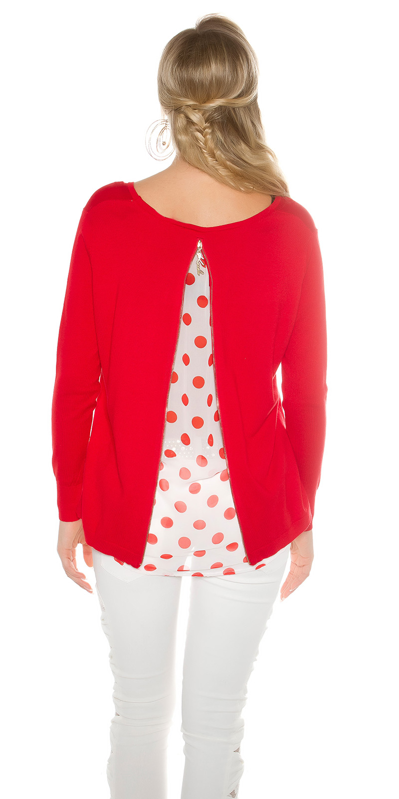 Trendy KouCla Feinstrickpullover + Polka Dot Chiffon, Stylischer KouCla Feinstrickpullover mit Polka Dot Chiffon - Perfe