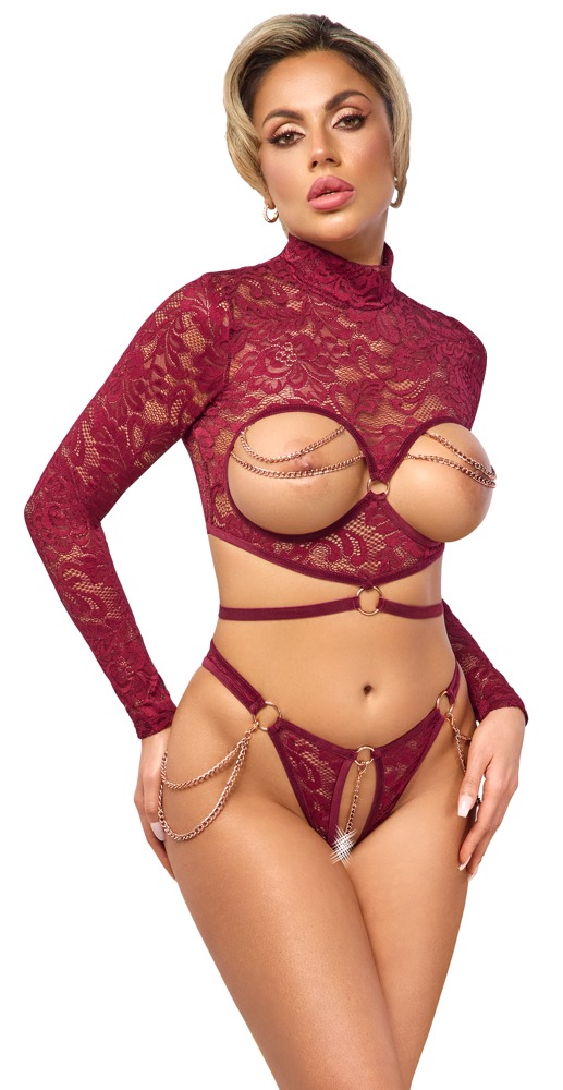 Abierta Fina Sinnliches Lingerie-Set: Hochgeschlossenes Busenfreies Top & Offener Rio-Slip in Rot, Samt und Spitze