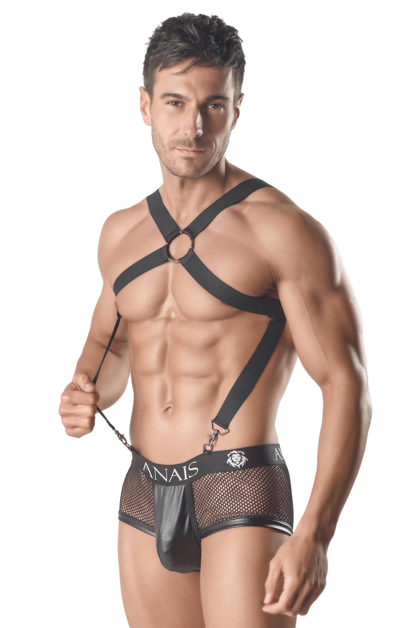 Herren Body-Harness 054980. Verführerischer Body-Harness aus hochelastischen Gummibändern mit Metallringen und Karabiner