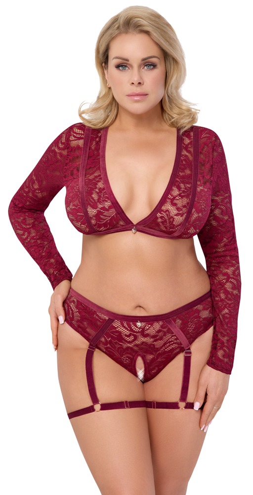 Luxuriöses Set aus Spitze und Samt: Langarm-Top und ouvert Straps-Slip von Cottelli CURVES für verführerische Looks!