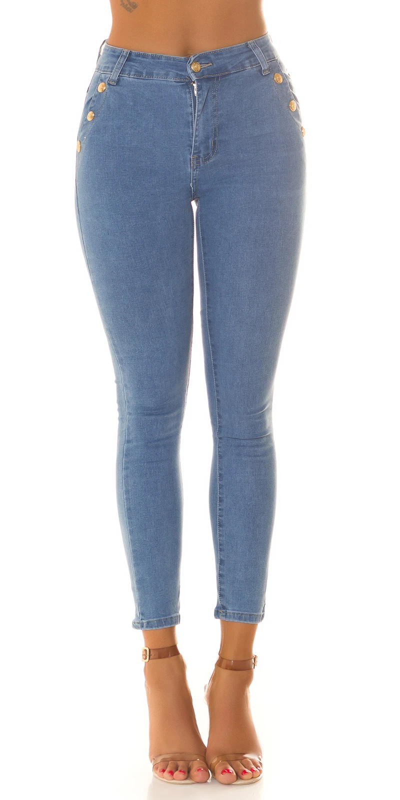 Highwaist Skinny Jeans Stretch Hose Röhrenjeans mit goldenen Deko Knöpfe