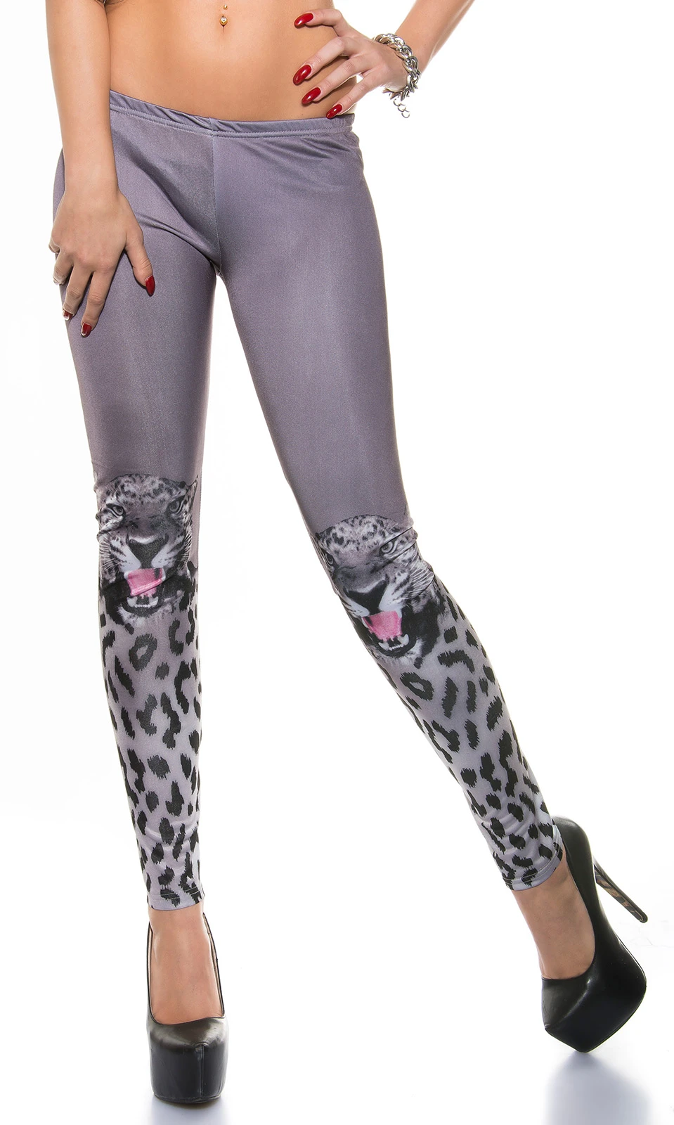 Party Damen Stretch Leggings Hüfthose mit Leo Print