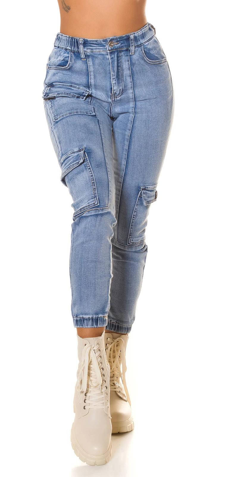 Acid Washed Cargo Röhren Jeans im High Waist-Style