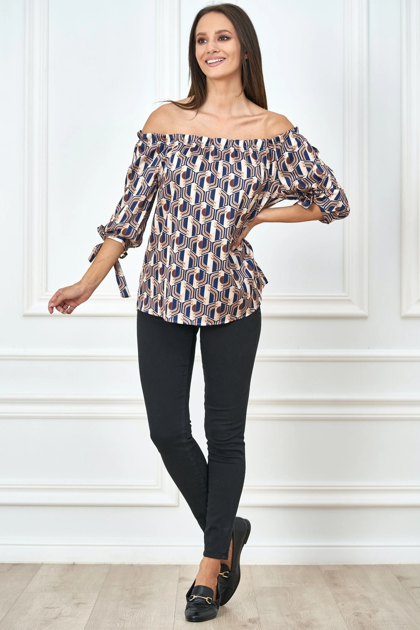 Off Shoulder Satin Blusen Shirt mit Retro-Print