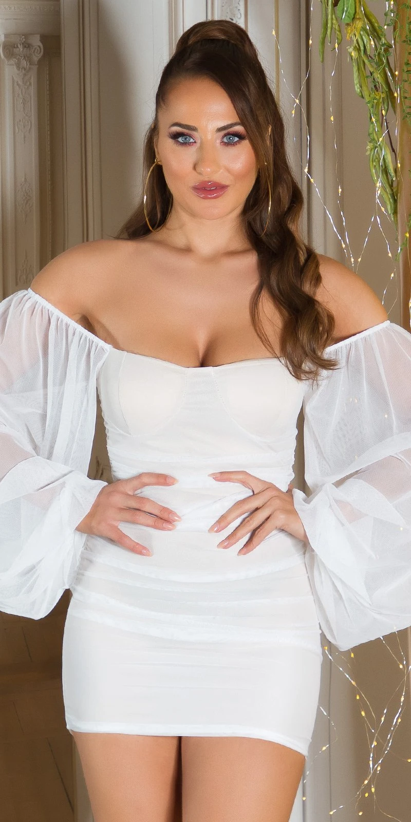 Off Shoulder Mesh Ballon-Ärmel Minikleid