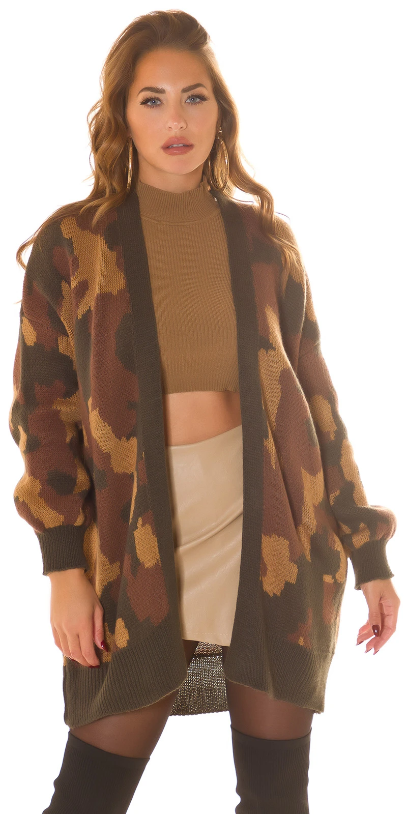 Oversize Winter Strickjacke Langarm Cardigan Camouflage Offene Front