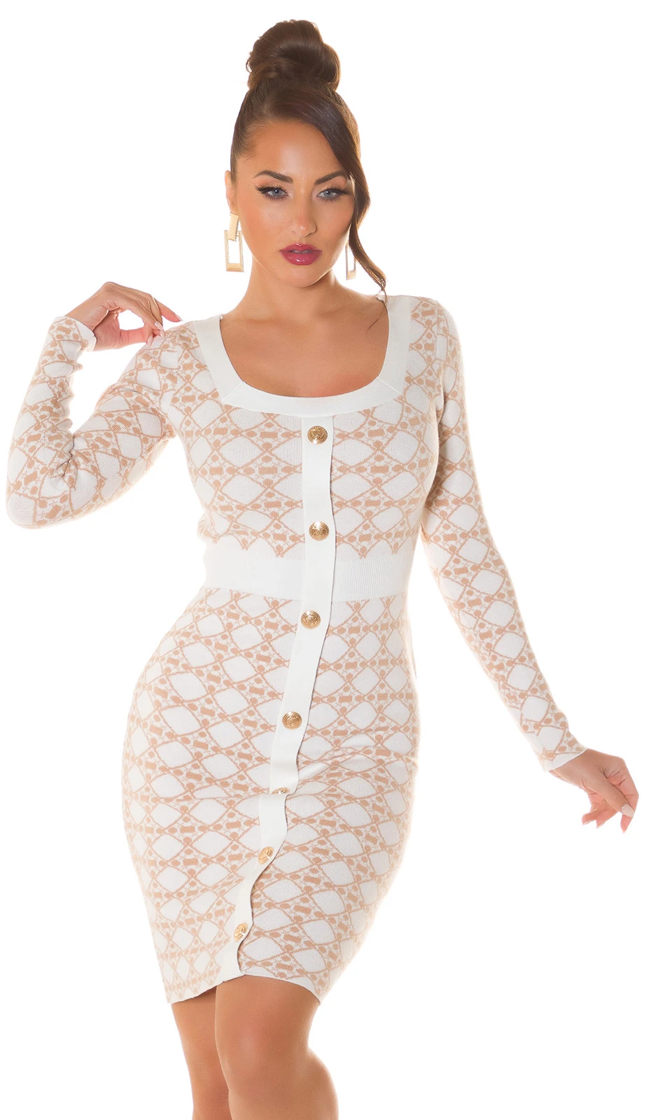 Patterned Business Langarm Strick Midi Kleid mit Deko Knöpfe