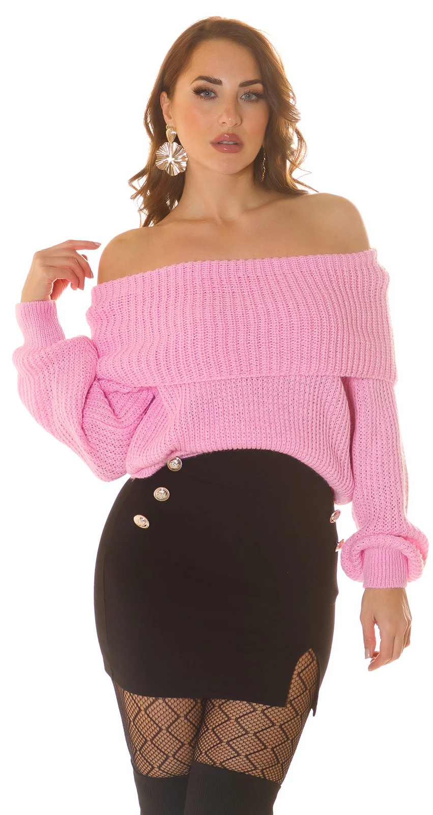 Off Shoulder Pullover Grobstrick Strickpullover Wollpullover Carmen-Ausschnitt mit Umlegekragen