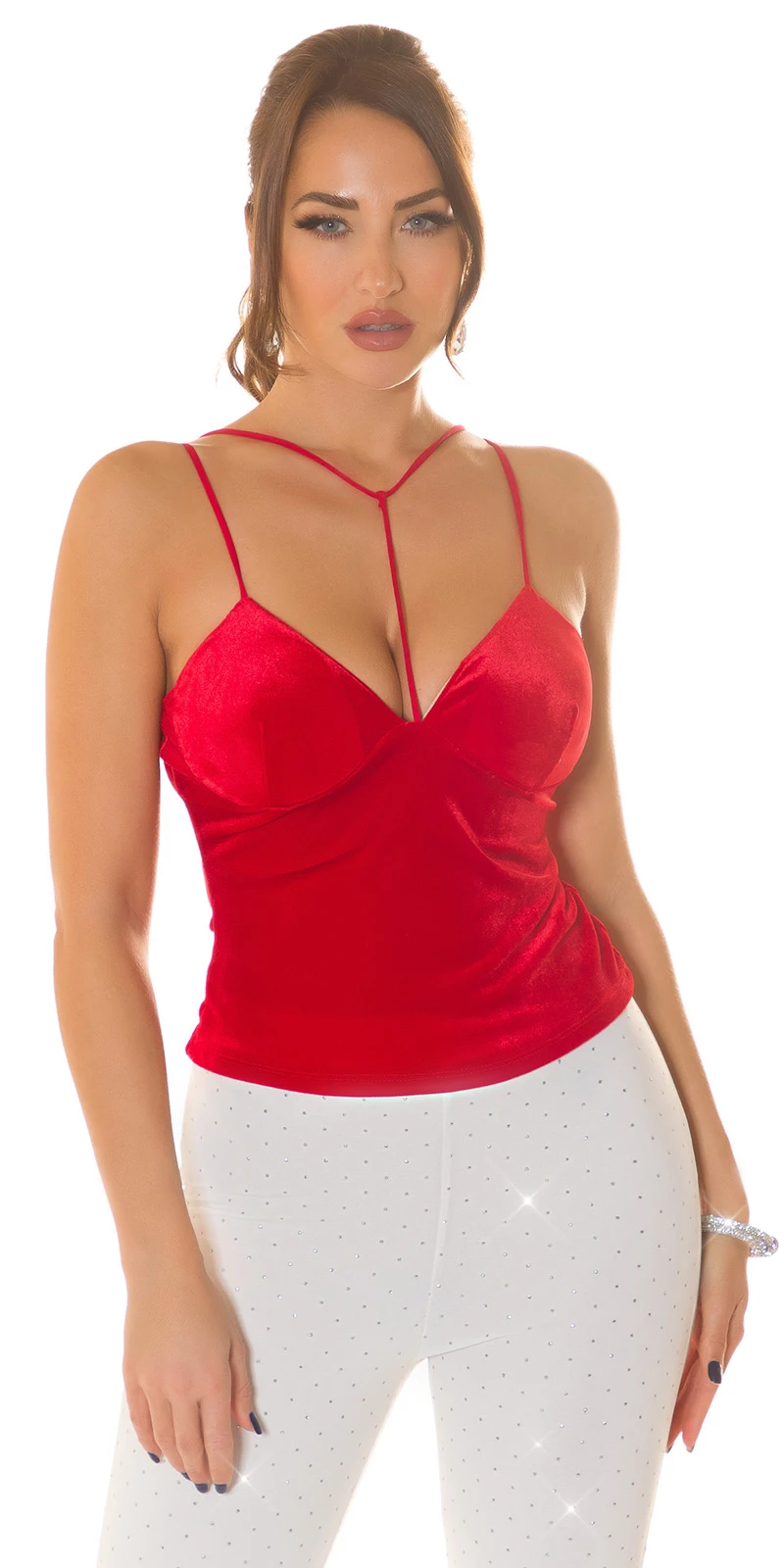 Damen Samt Look Top Trägertop Partytop mit V-Neck V-Ausschnitt und Cups