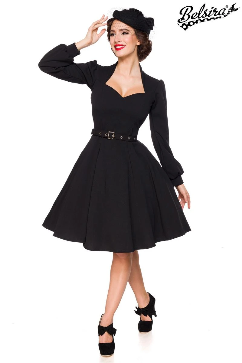 Damen Retro Kleid mit langen Ärmel mit Gürtel