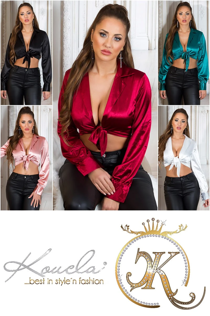 Glossy Satin V-Neck Crop Blusen Top zum Binden