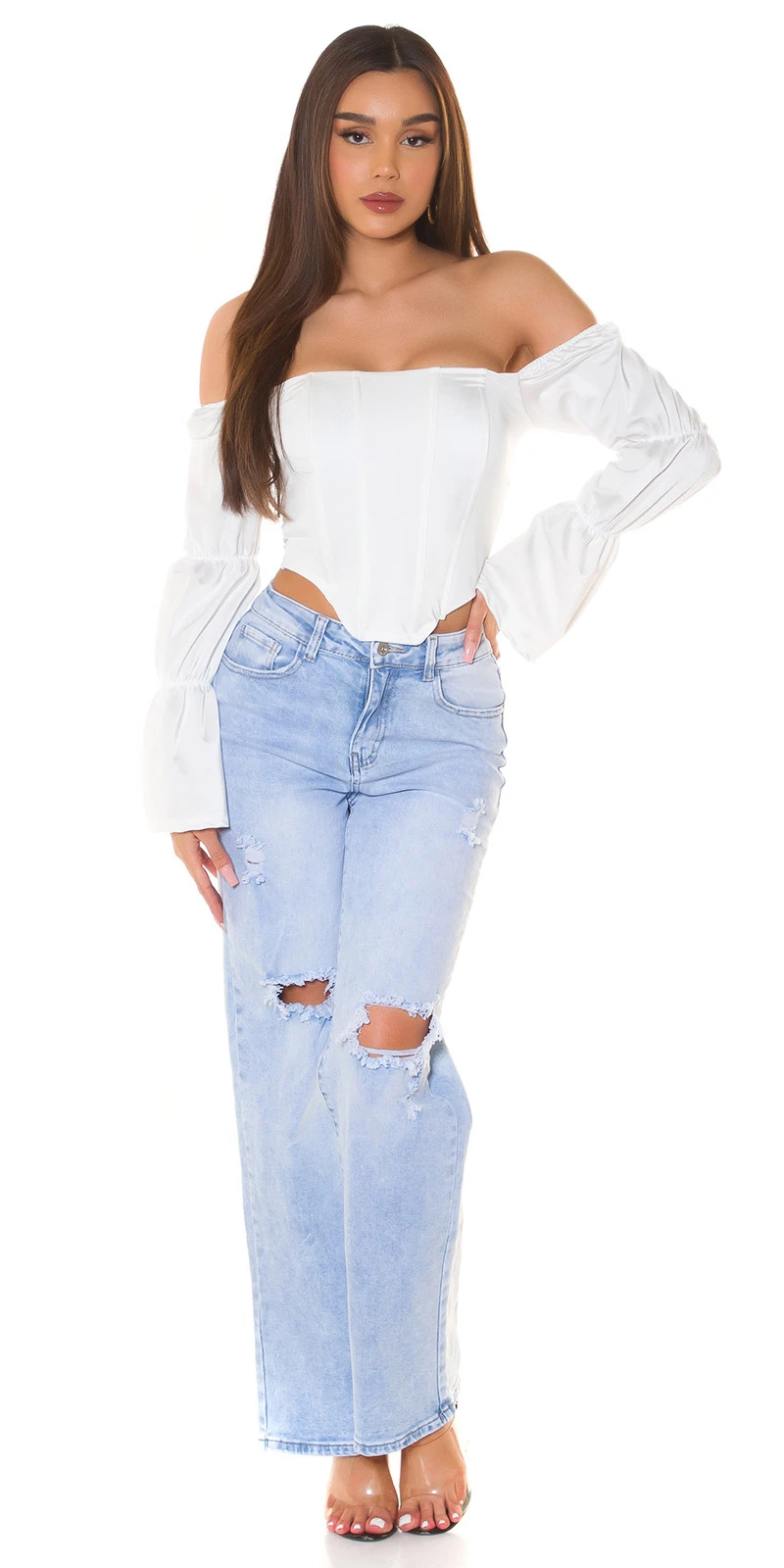 Satin Look Off Shoulder Crop Blusen Top mit Corsagen-Effekt