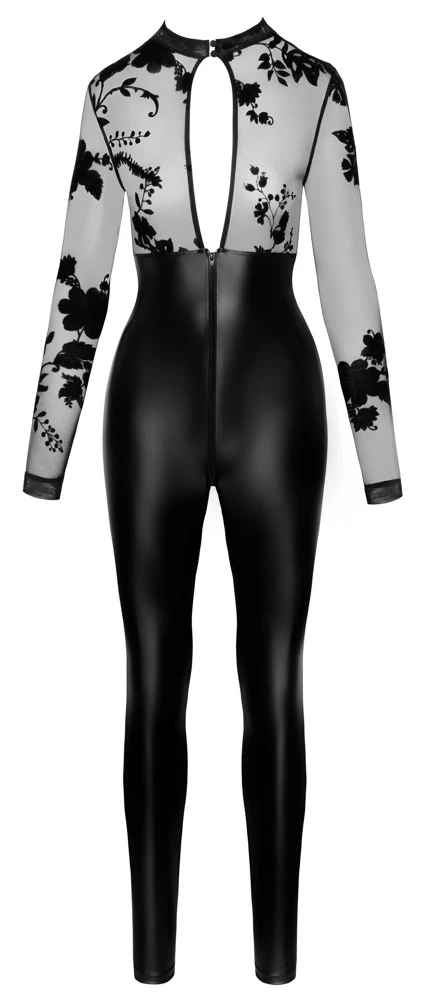 Overall Flockprint Powerwetlook & feiner Stretchtüll Catsuit, vorne & hinten Keyhole-Ausschnitt