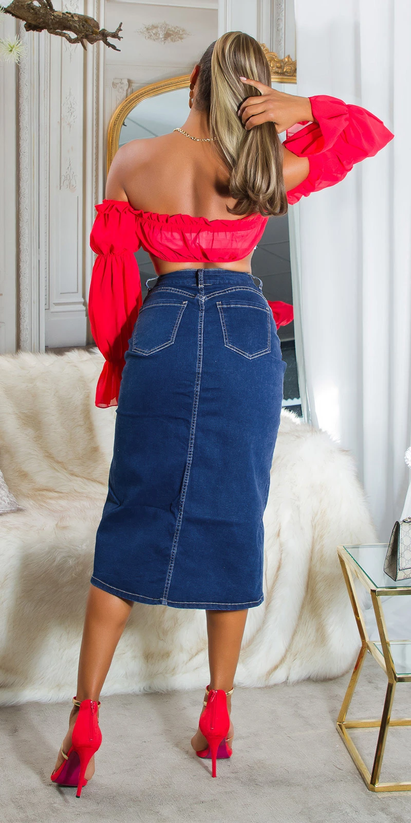 Dark Denim High Waist Midi Rock mit Schlitz vorne