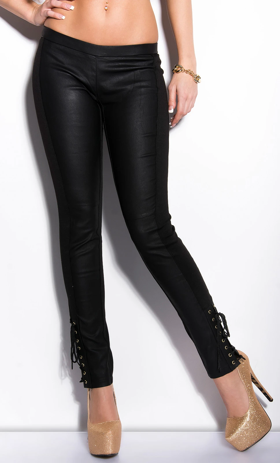 Fancy Leder Look Hüft Leggings mit Deko Schnürung