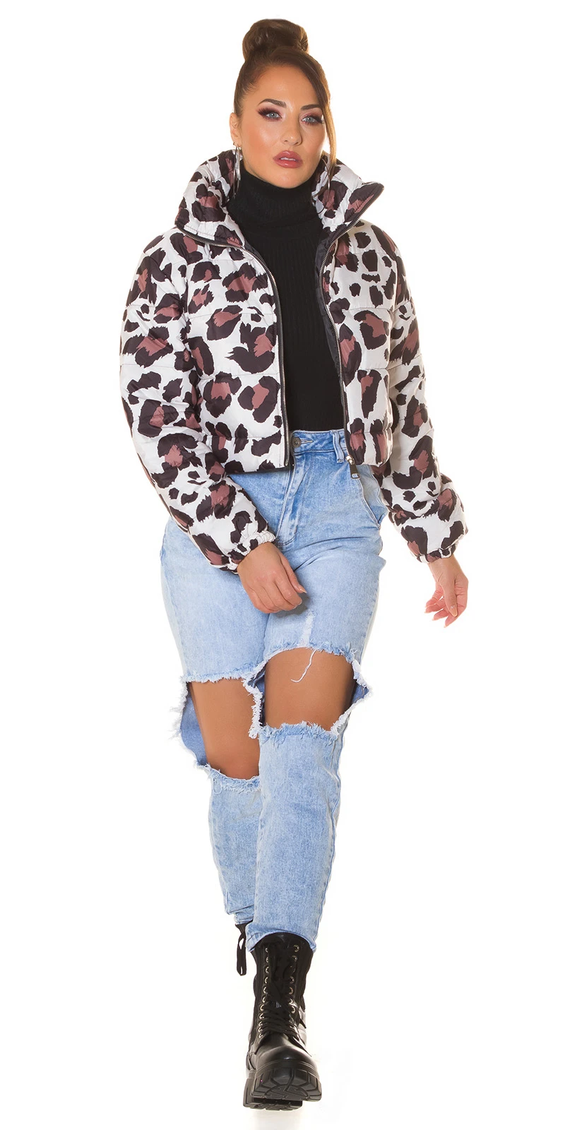 Giraffe Printed Crop Stepp Jacke