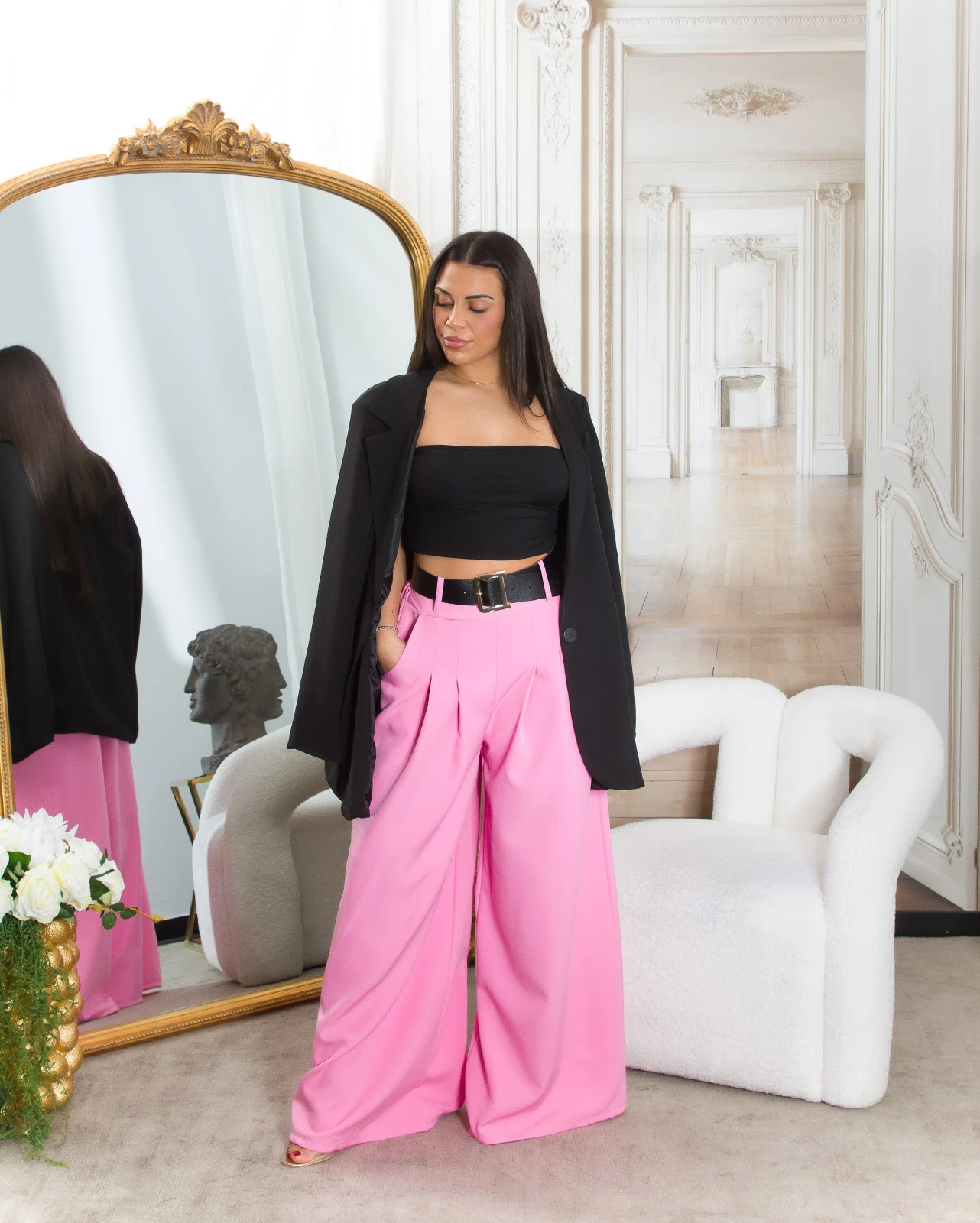 Wide Leg Hose im Highwaist-Style aus Polyester-Stretch, mit raffinierten Details und perfektem Tragekomfort