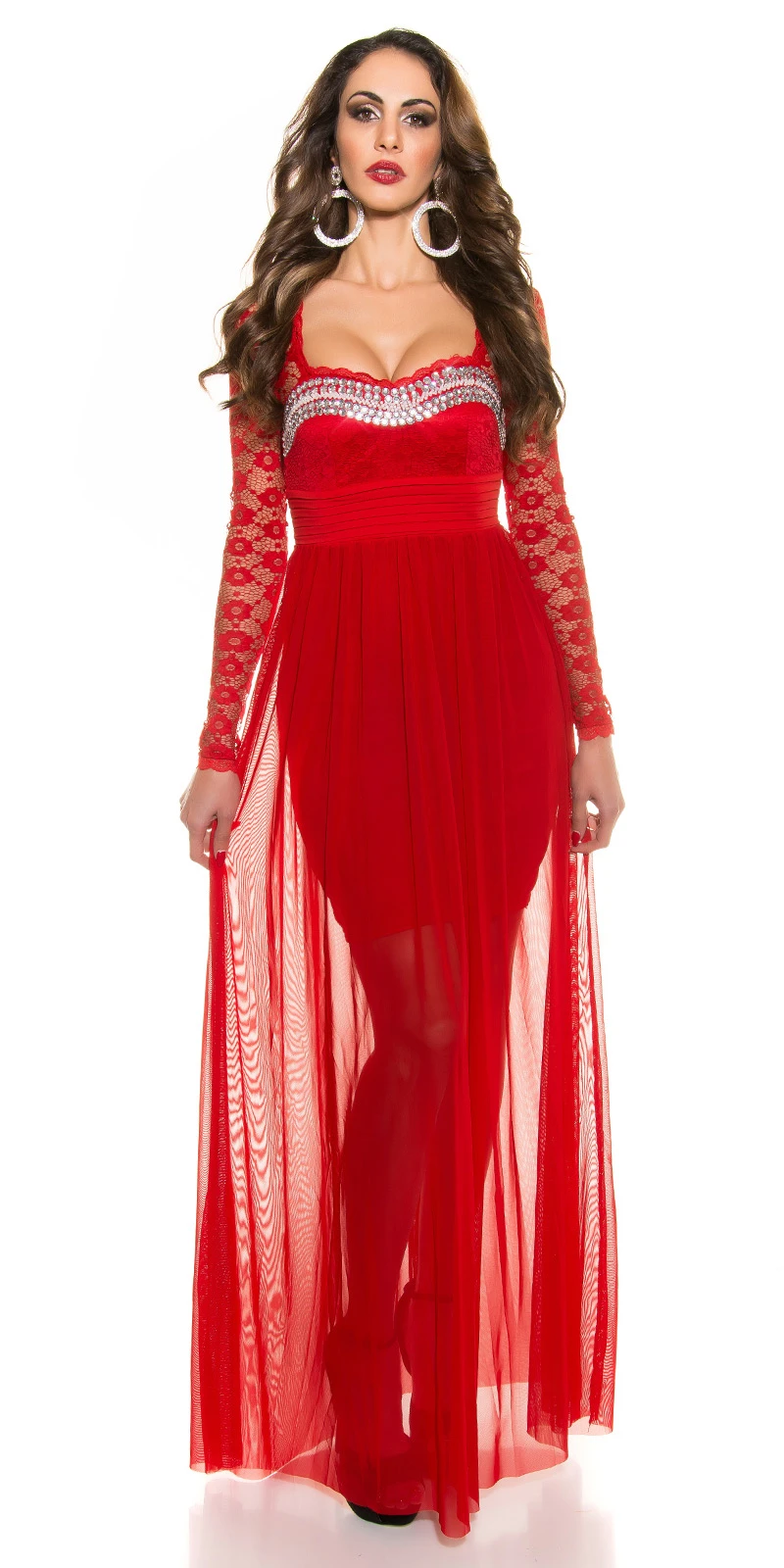 Cocktail Maxi Kleid mit Spitze Chiffon und Deko Strass