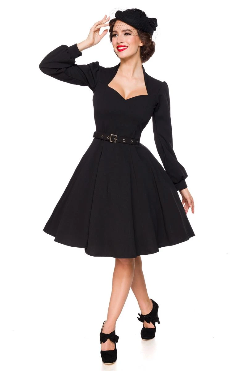 Damen Retro Kleid mit langen Ärmel mit Gürtel