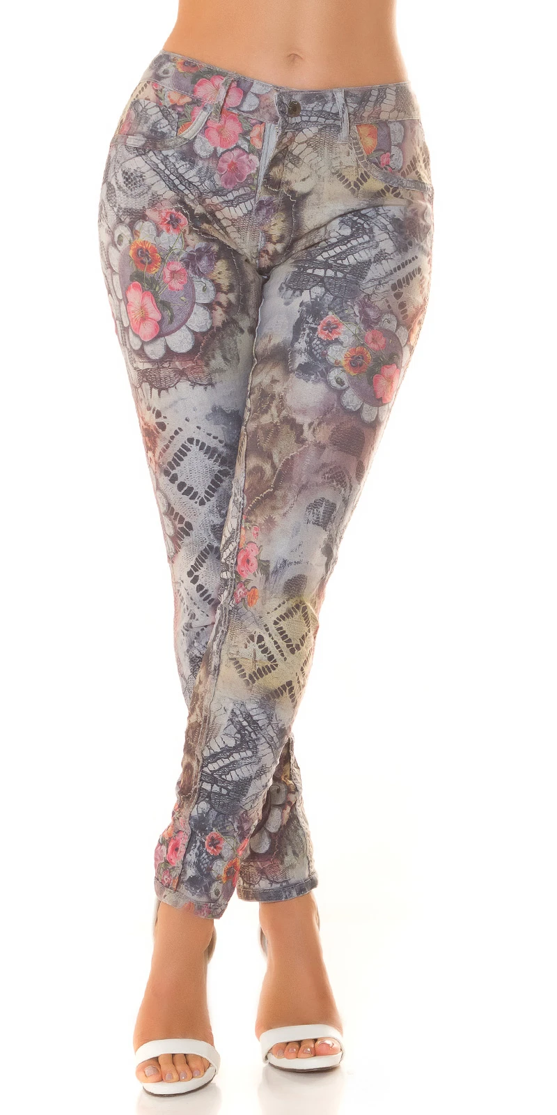 Röhrenjeans Hose Treggings mit Wende-Funktion 2in1 Skinny Jeans zum Wenden mit Fantasy Flower Blumen Print