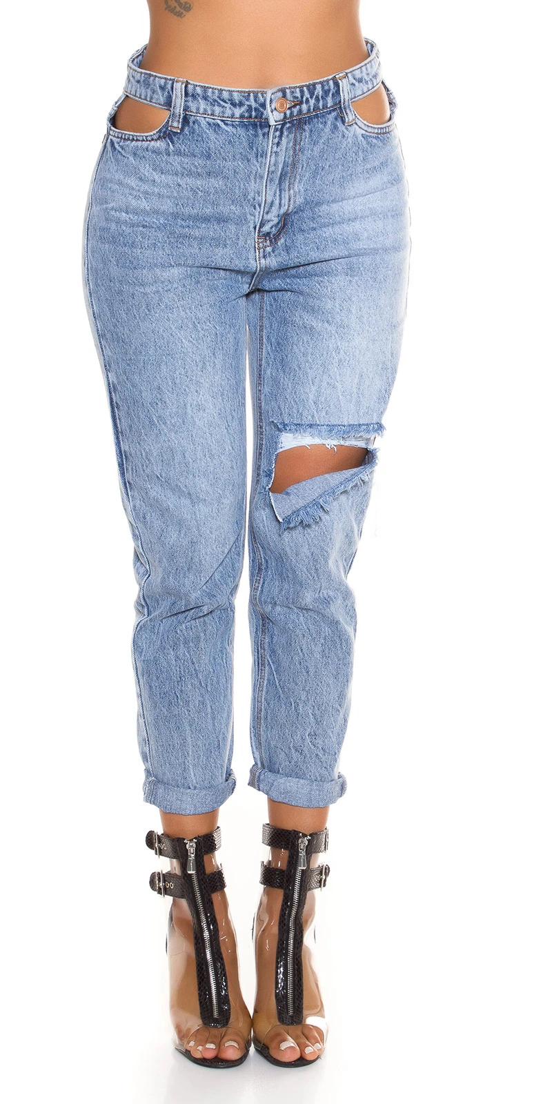 Used Look High Waist Mom Fit Jeans mit Cutout