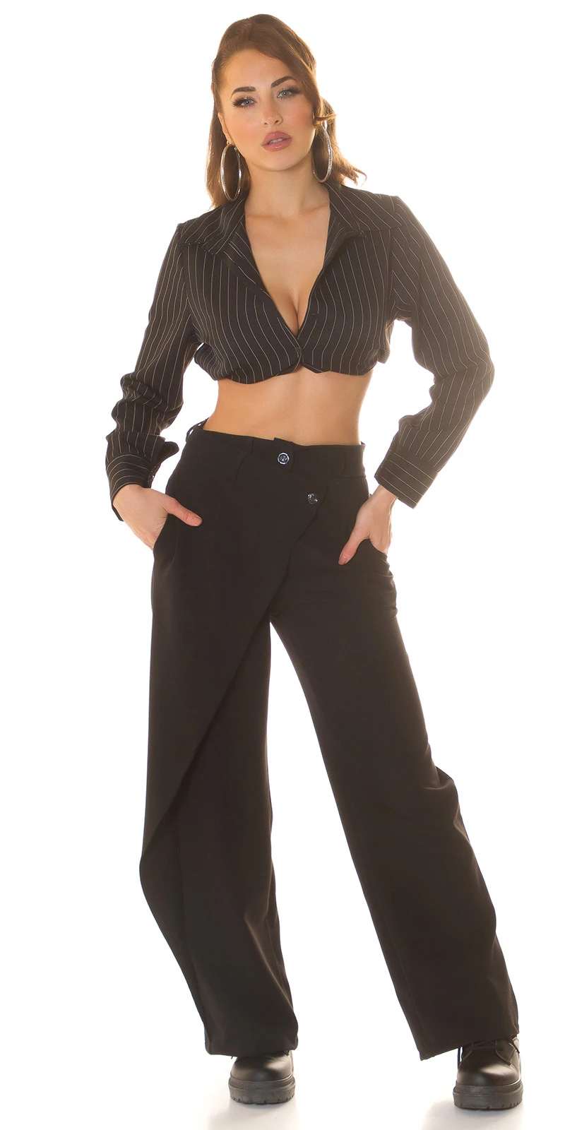 Highwaist Hose Stoffhose Bootcut Weites Bein mit Asymmetrie Akzent