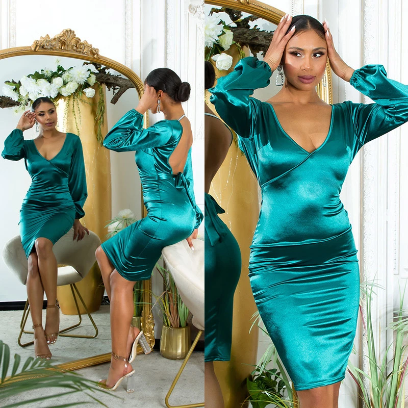 Rückenfrei Satin Look V-Neck Midi Cocktail Kleid mit Deko Schleife