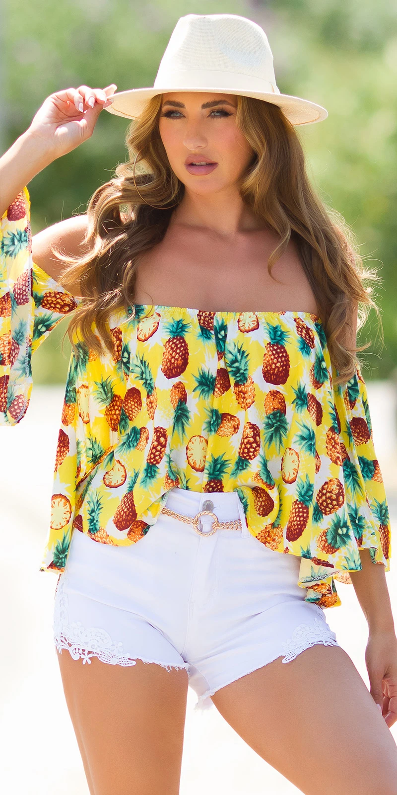 Sexy Sommer off-shoulder Bluse mit Ananas Print