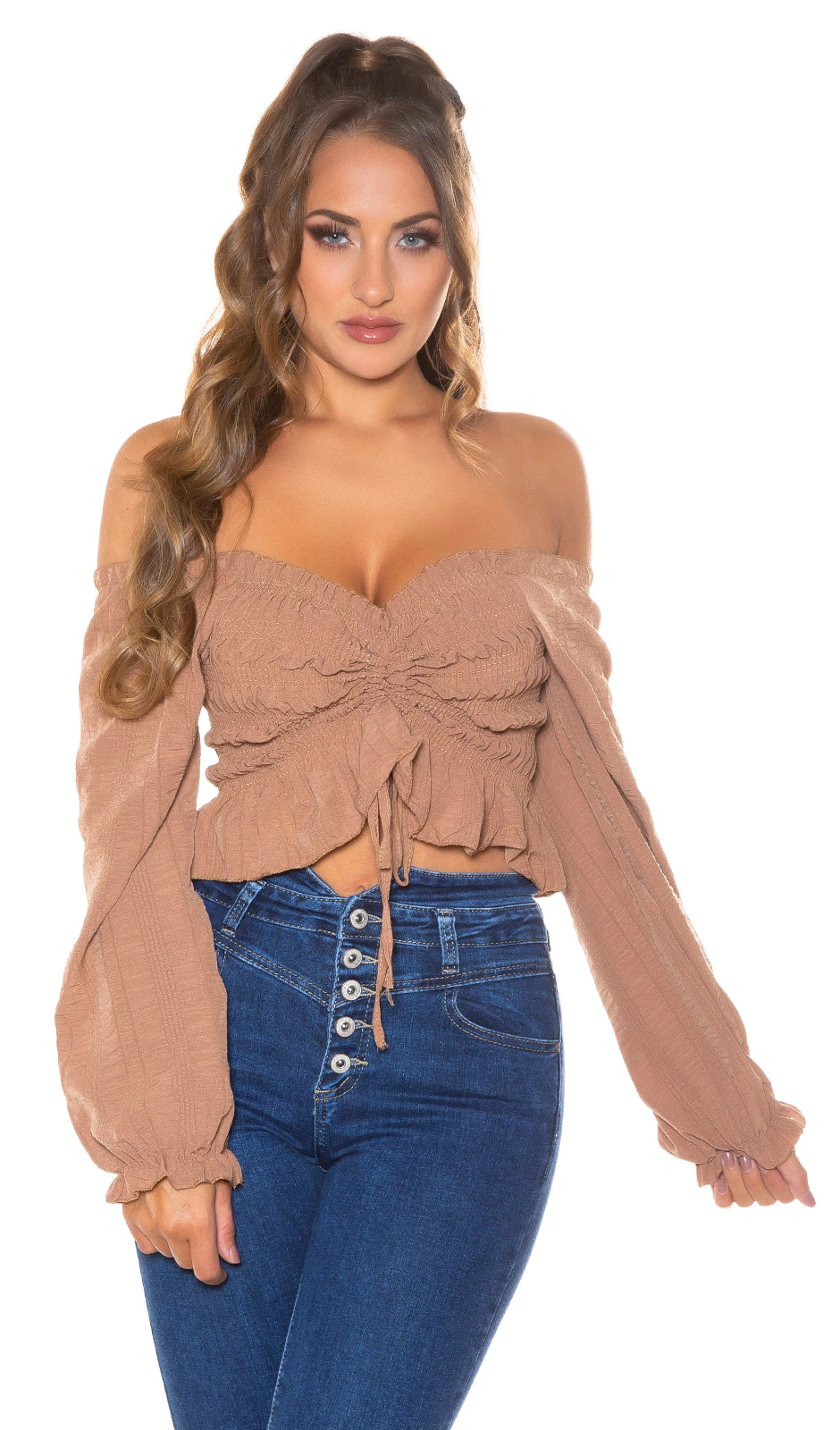 Off Shoulder Langarm Crop Blusen Top mit Raffung