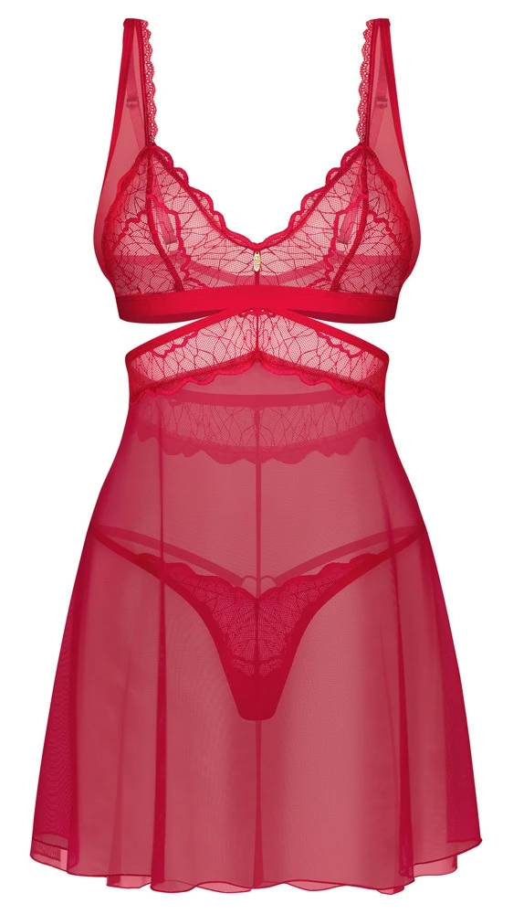 Set Cupide Desir von Obsessive: Sinnliches Babydoll + String in Rot mit edlen Spitzen, goldenen Schmuckdetails und verstellbaren Trägern