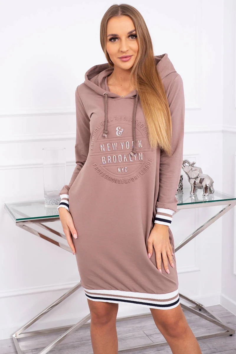 Damen Kapuzenkleid Hoddie Longpullover Sweatkleid Langarm Kleid Knielang Midikleid Print