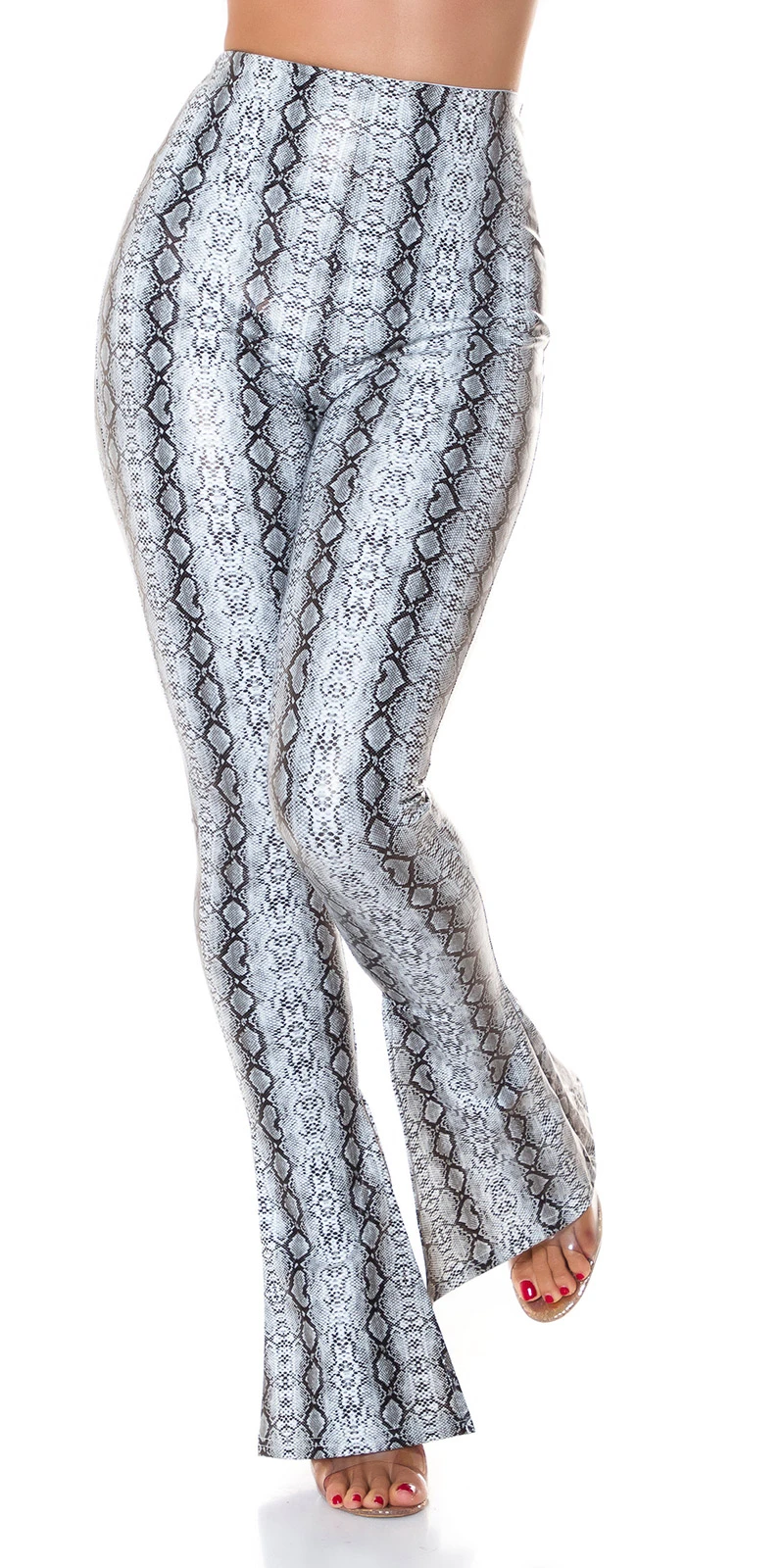 High Waist Snake Printed Leder Look Leggings mit Schlag