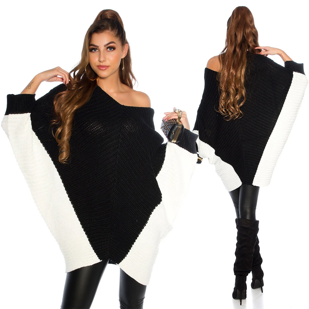 Mega Oversize Fledermaus Grobstrick Bicolour Long Pullover mit V-Neck