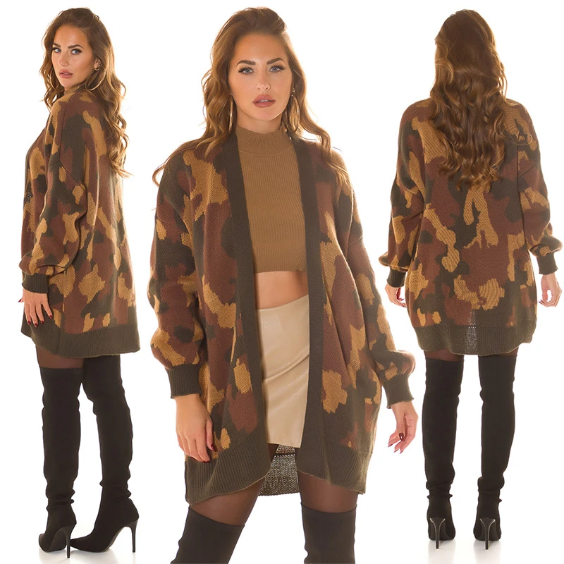 Oversize Winter Strickjacke Langarm Cardigan Camouflage Offene Front