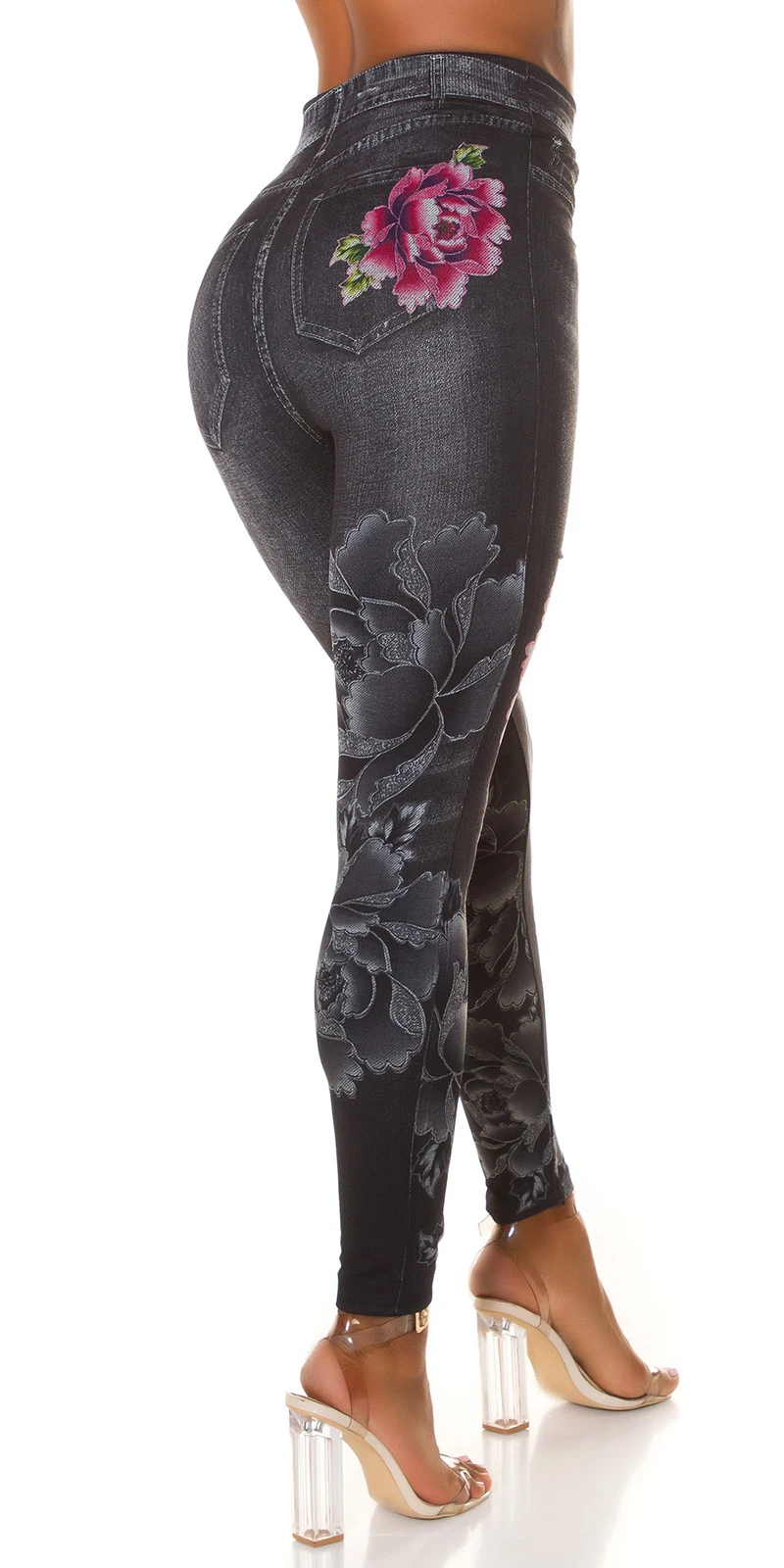 Flower Printed Stretch Jeans Look High Waist Leggings