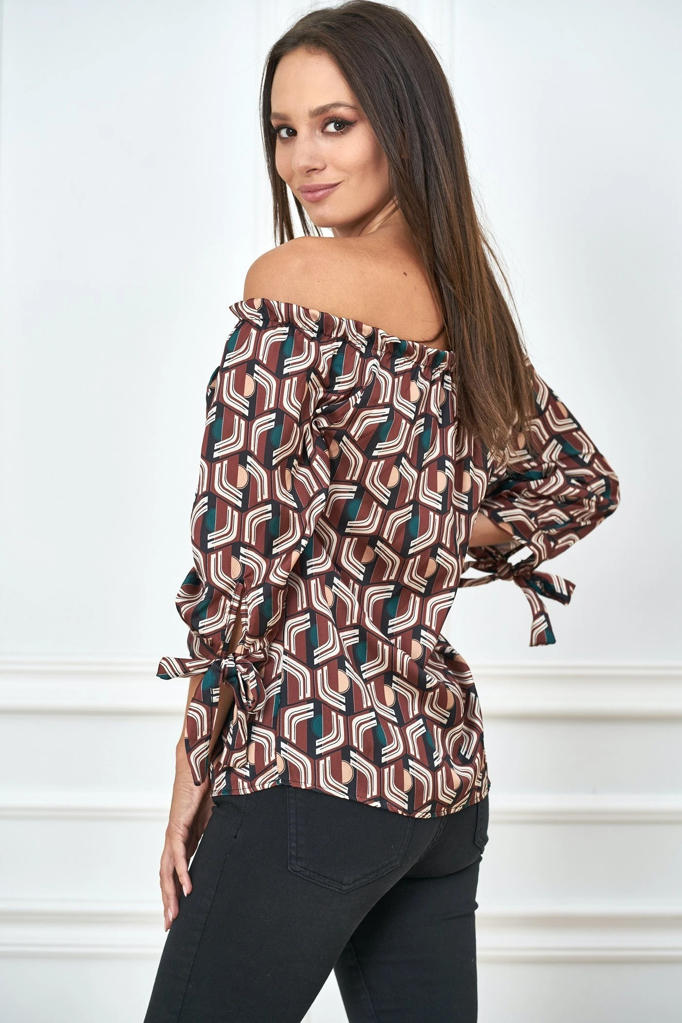 Off Shoulder Satin Blusen Shirt mit Retro-Print