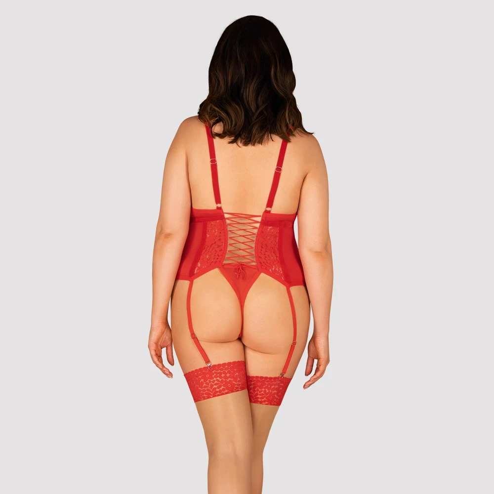 Obsessive Korsett und Tanga in verführerischen Rot mit floraler Spitze. Weich und seidig anschmiegsam.