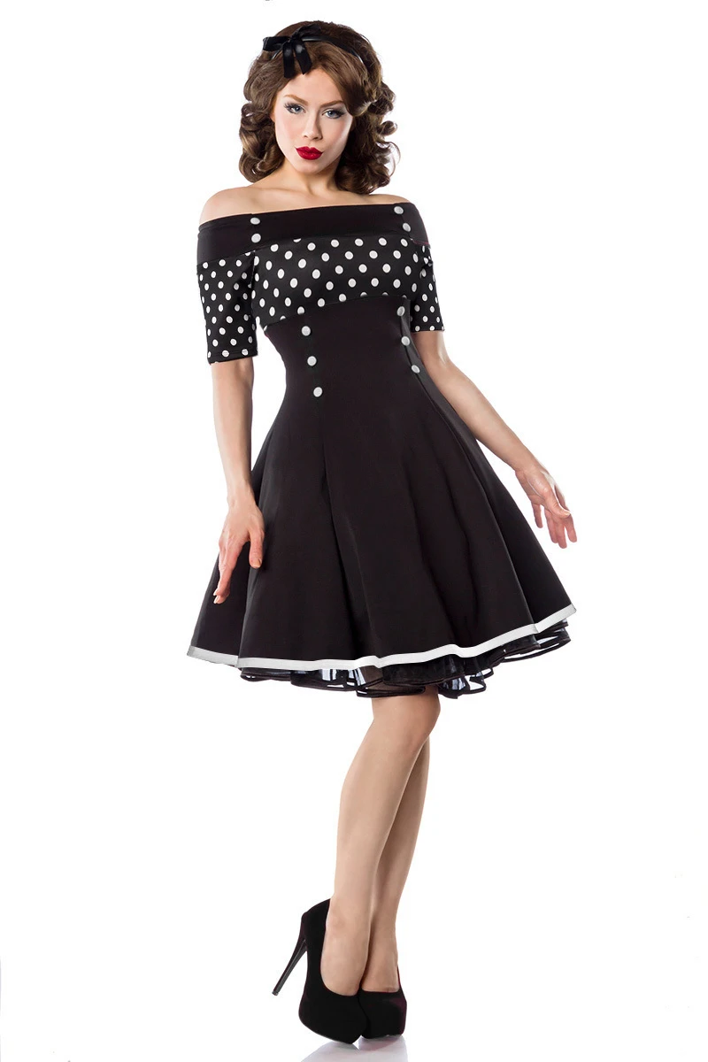 Vintage-Kleid Punkte mit Carmen- Ausschnitt