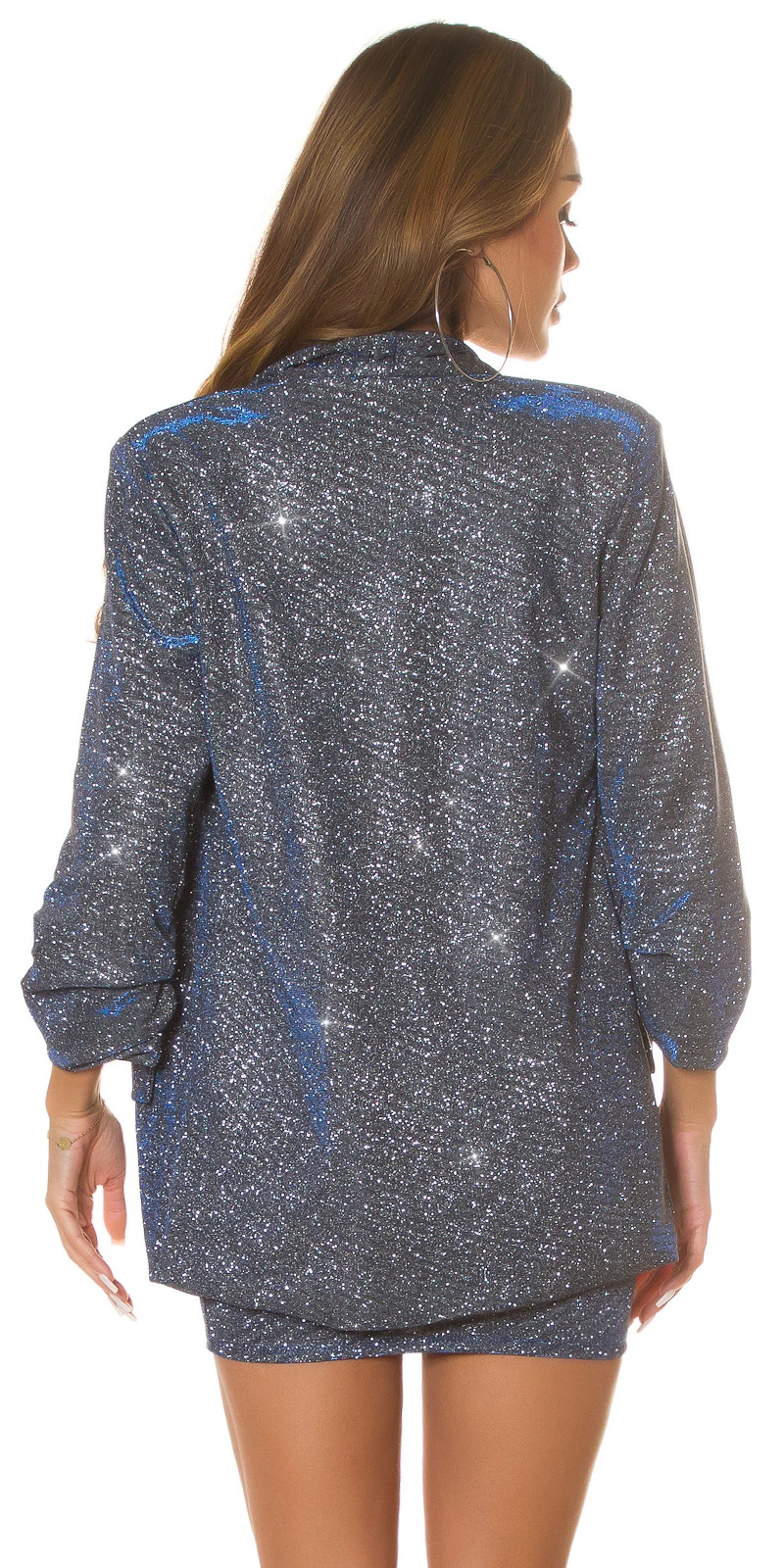 Damen Musthave Glitter Glitzer Langarm Blazer Oversize mit Reverskragen und Schulterpolster