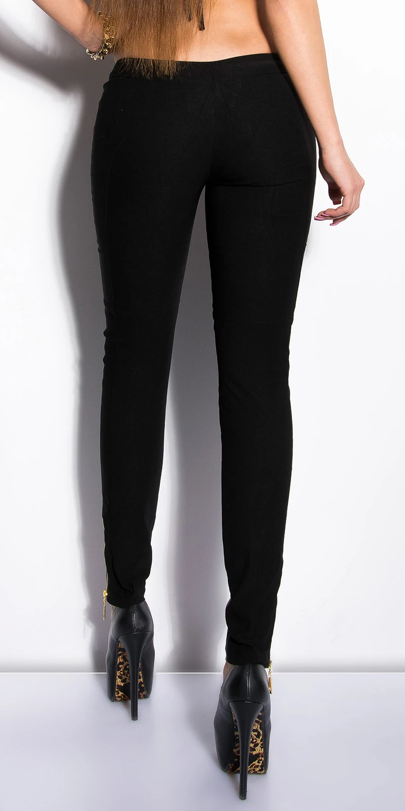 Skinny Hüft Stretch Hose mit Leder-Look-Touch und Deko Zipper