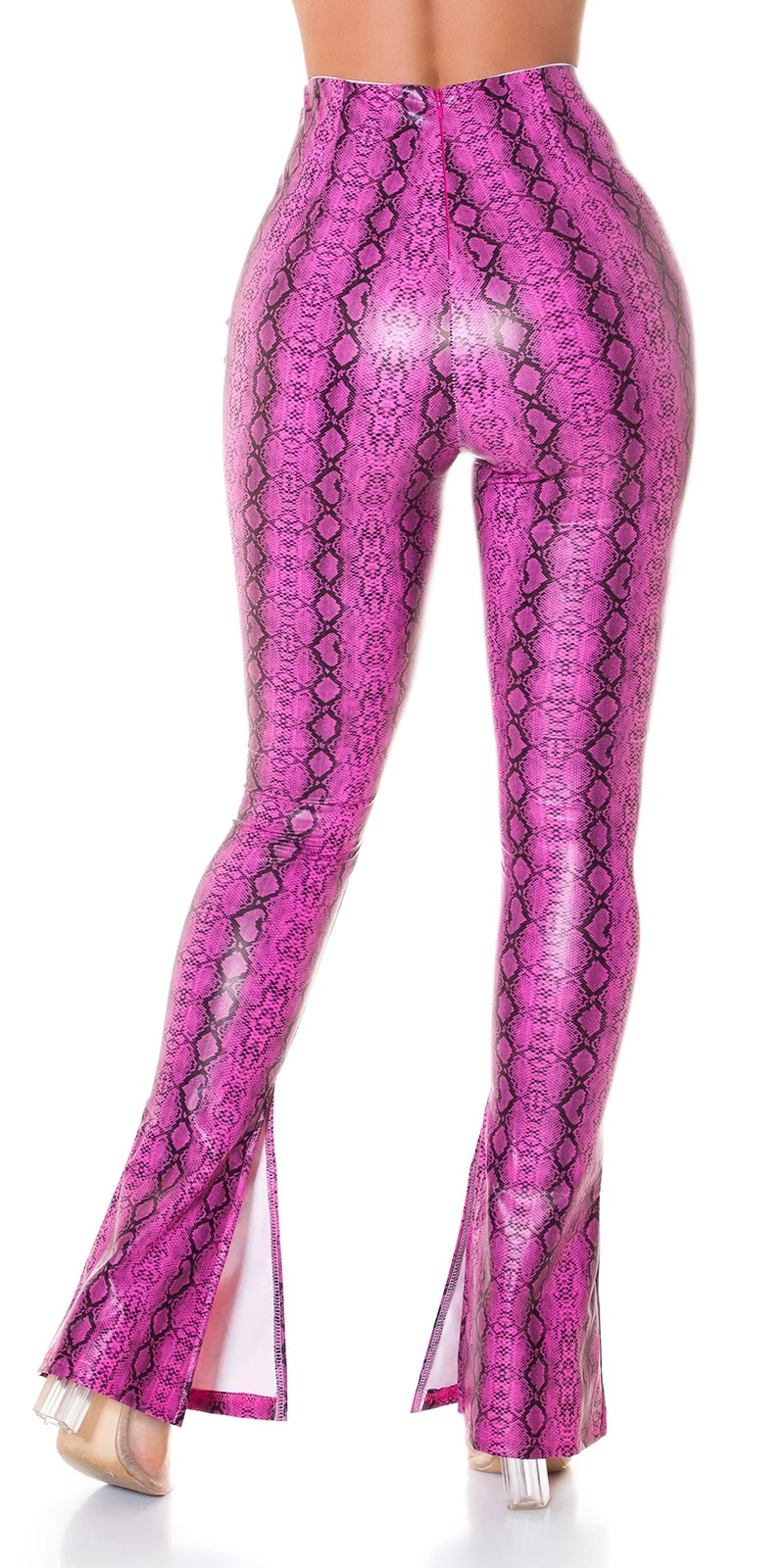 High Waist Snake Printed Leder Look Leggings mit Schlag