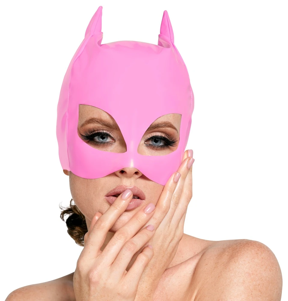 Kinky Lack Cat-Mask, Stylische halbe Lack-Kopfmaske in Pink im Cat-Look mit Ohren und Katzenaugen, ideal für Fetish-Partys! Black Level Design