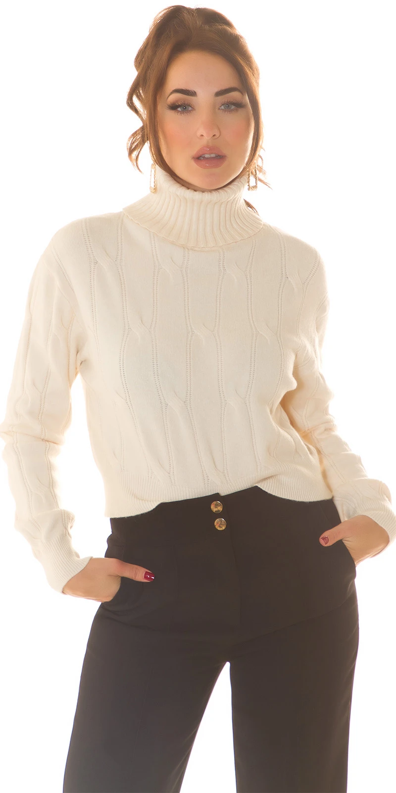 Musthave Crop Strickpullover Bauchfrei Turtle Neck Rollkragen Pullover Langarm mit Musterung