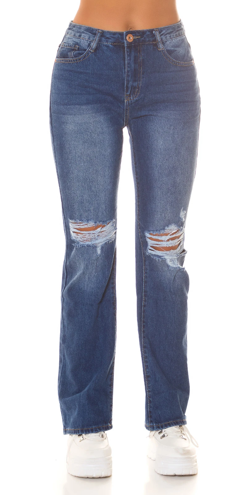 High Waist Bootcut Cotton Jeans Hose im Used Destroyed Look mit Löcher Ripped