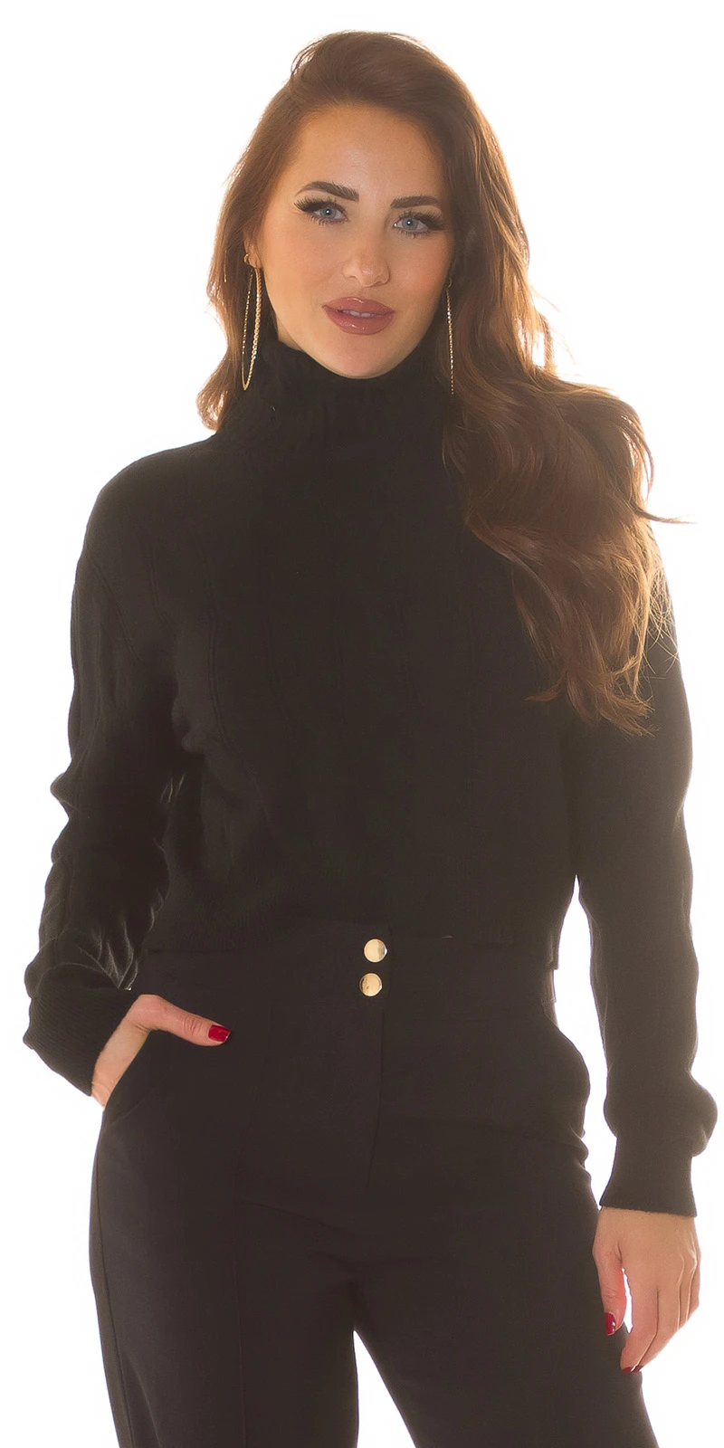 Musthave Crop Strickpullover Bauchfrei Turtle Neck Rollkragen Pullover Langarm mit Musterung